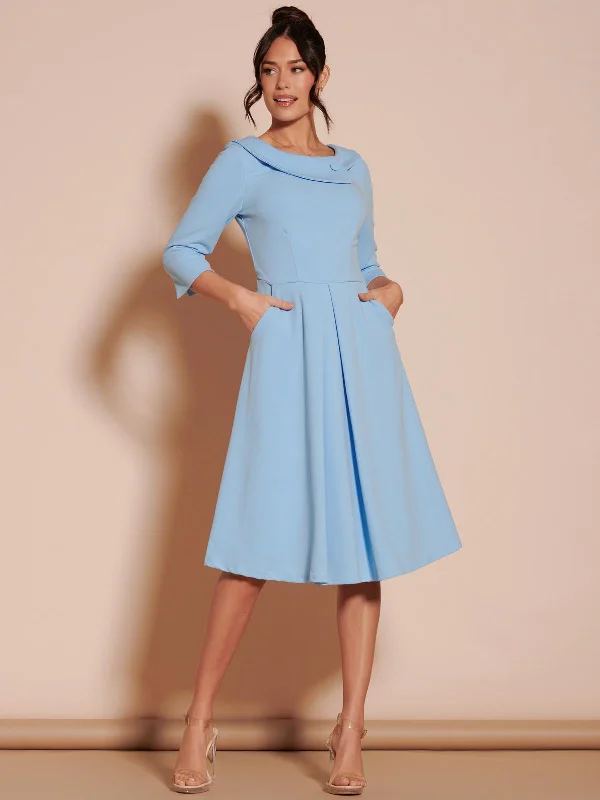 Fold Neckline Sleeved Midi Dress, Light Blue