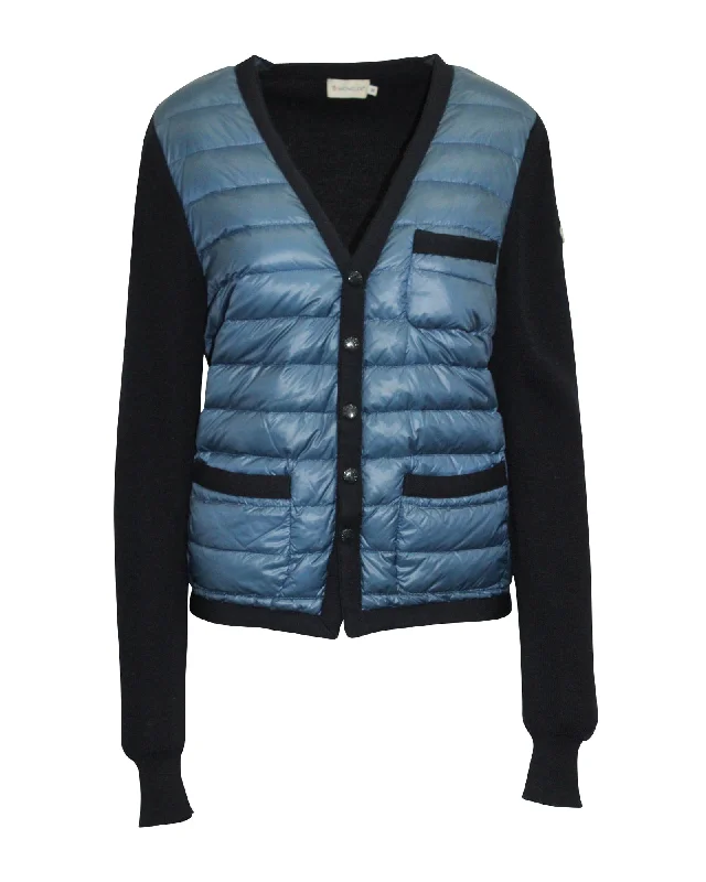 Moncler Knit Sleeve Quilted Down Panel Cardigan Jacket in Navy Blue Polyamide